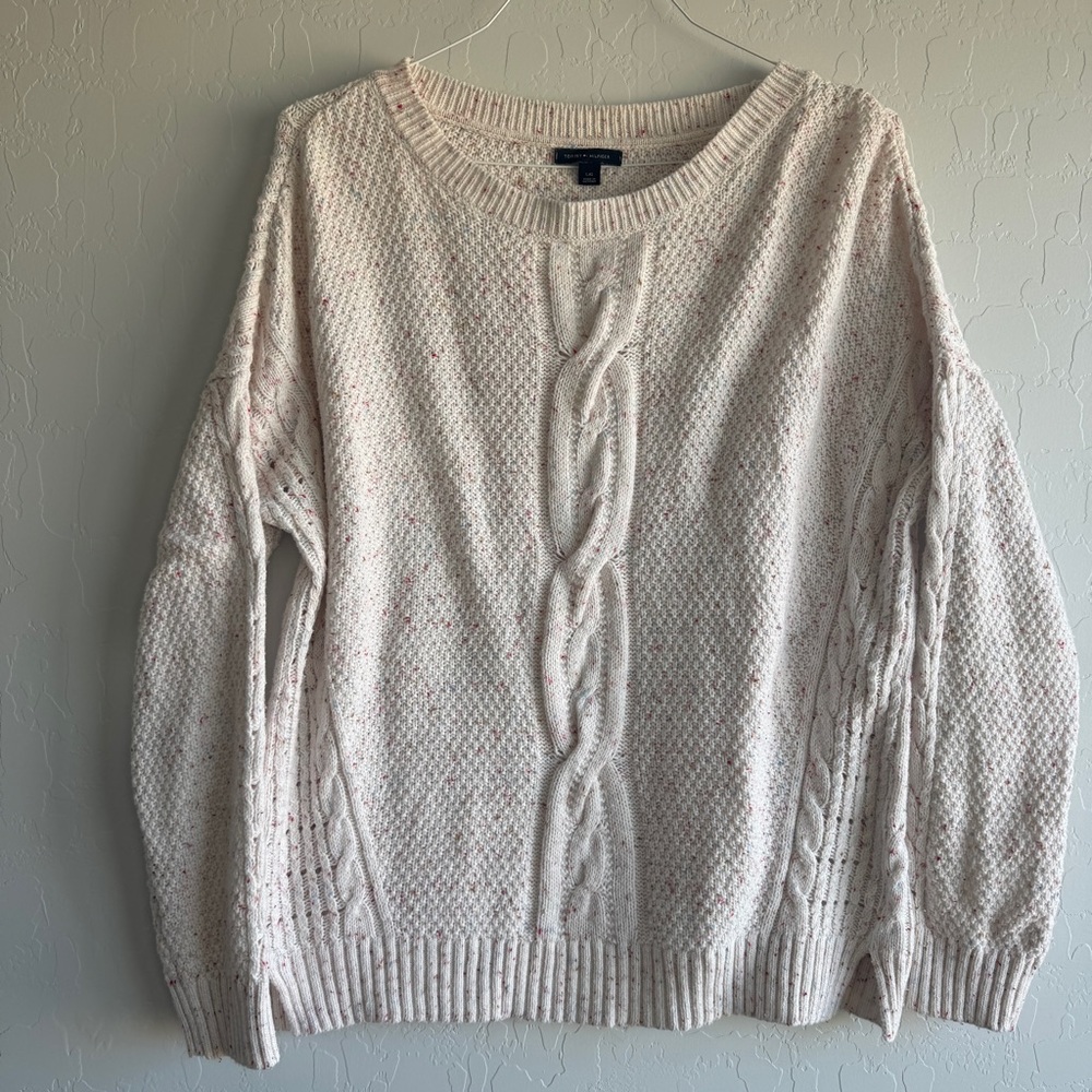 Tommy Hilfiger LG Oversized Cable Knit Sweater Pink Confetti Flecked Cozy Preppy